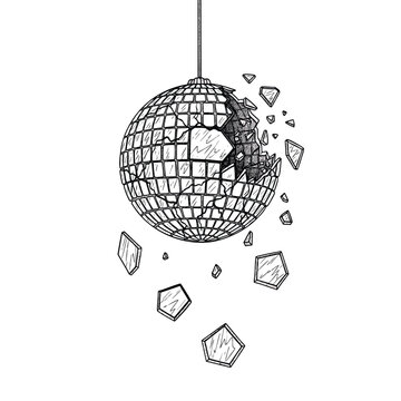 A black and white sketch illustration of a broken disco ball shattering with falling mirror fragments.