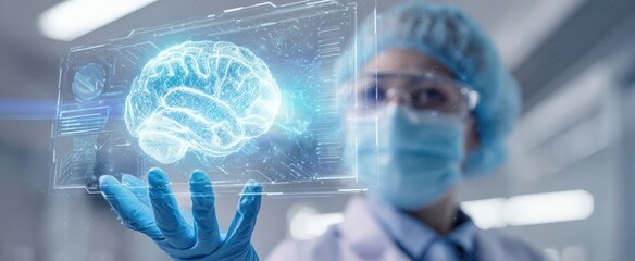 The Brain Hologram Hovering Above a Gloved Hand of Medical Scientist in Laboratory