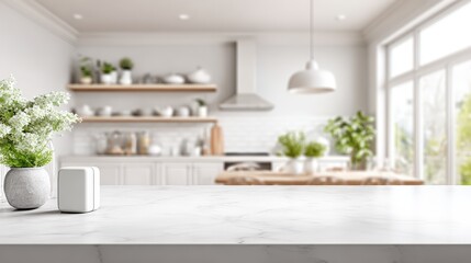 Fototapeta premium Bright modern kitchen interior featu large white cabinets minimal decor and natural light for a welcoming home environment