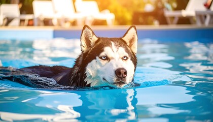 Husky enjoying a sunny pool day