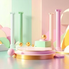 Elegant 3D rendering of a pink and gold podium with classical pillars on a reflective floor, set against a soft pastel background
