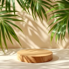 Wooden product display podium with natural light and tropical palm leaf shadows on a minimalist beige background, ideal for elegant showcases and modern design concepts