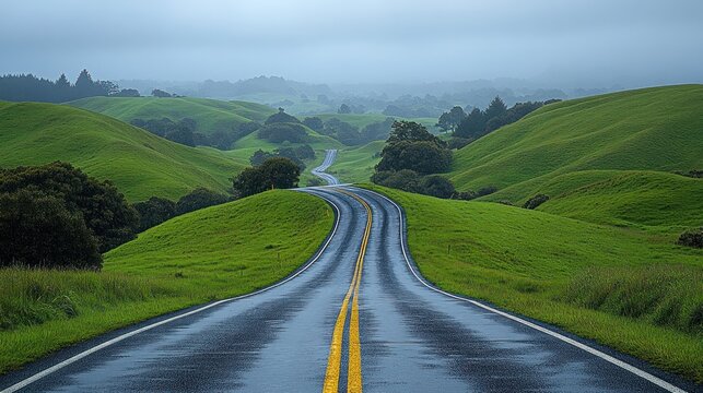Winding road through lush green hills on a misty day