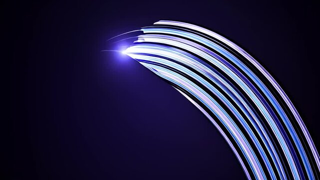 Abstract design featuring flowing blue and silver lines against a dark background, evoking motion