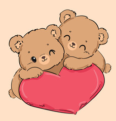 Cute Teddy Bear Couple Holding Heart Pillow Vector Hand Drawn Illustration
