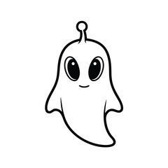 A cute black and white cartoon illustration of a friendly alien ghost character with a single antenna.