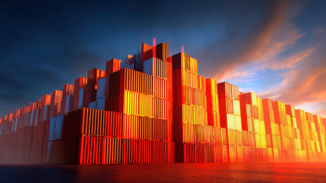 stack of containers morphing into high wall barrier to commerce concept dramatic angle illustration concept scene visual for commercial design use high detail quality stock image illustration concept