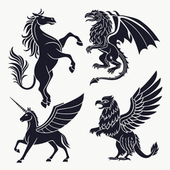 A collection of mythical creatures in vector format, including a rearing horse, a griffin with wings, and a winged unicorn perfect for fantasy themed designs