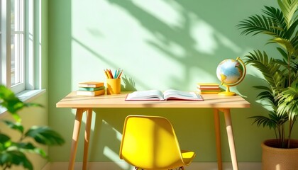 Bright and Cheerful Study Space for Kids  A Sunlit Desk Setup with Plants