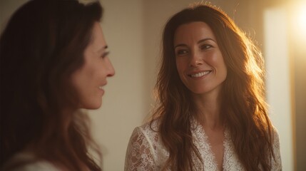 Fototapeta premium Sun-kissed Caucasian women share a knowing glance, celebrating International Day of Friendship with a hint of nostalgia