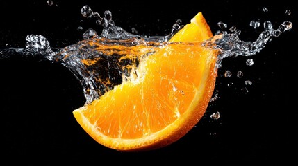 Fresh Orange Slice Splashed in Water with Dynamic Droplets, High Definition Close-Up Photo of Juicy Fruit Segment on Black Background