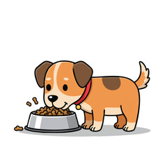 Cute dog happily eats kibble from a metal food bowl, tail wagging, in a vibrant 2D flat vector illustration with clean outlines on a pure white background.