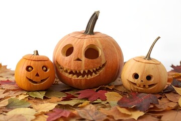 Three Carved Pumpkins on Autumn Leaves with Spooky Faces Against White Background