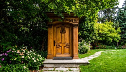 Ornate wooden door nestled within a lush garden