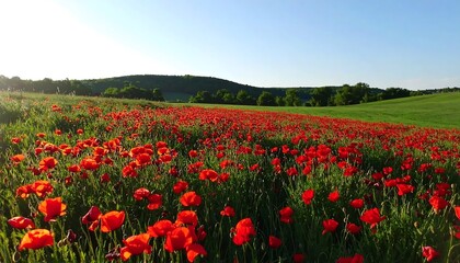 Lush poppy field under a clear sky