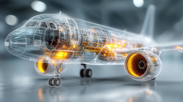 A futuristic aircraft design showcases intricate internal mechanics with glowing components, highlighting advanced engineering and technology. - Powered by Adobe