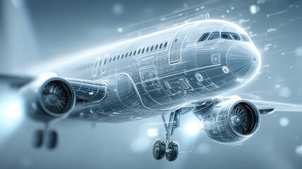 A futuristic digital representation of an airplane, showcasing advanced technology and design elements in a sleek, modern aesthetic.