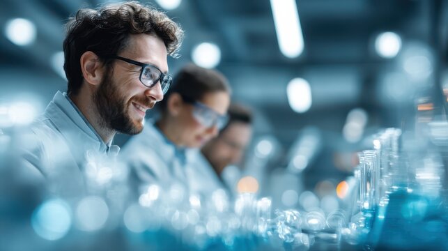 A focused scientist smiles while working in a lab, surrounded by glassware filled with colorful liquids, showcasing a collaborative research environment.