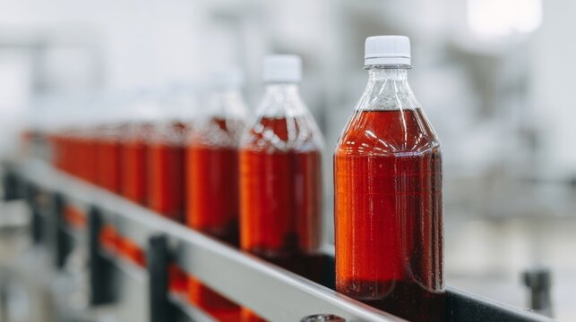 Bottles of crimson elixir glide along the factory line, evoking Cherry Blossom Festival liveliness and enigmatic potion masteries