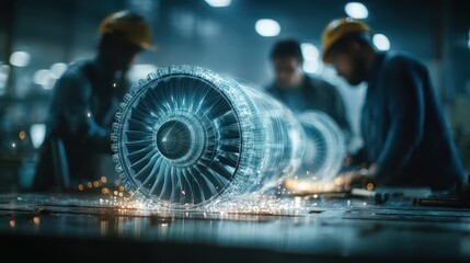 A high-tech scene in a workshop features engineers working on a jet engine, illuminated by sparks and futuristic holographic displays.