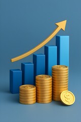 3D illustration of financial growth with golden coins, rising bar chart, and upward arrow symbolizing profit, success, investment, economy, and business development.
