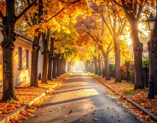 Charming cobblestone street lined with golden autumn trees glowing in warm sunlight, creating a peaceful and picturesque fall atmosphere.