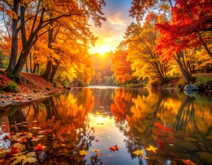 Stunning autumn landscape with vibrant red, orange, and yellow trees reflected in a calm river at sunset, showcasing the beauty of fall.