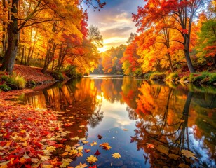Stunning autumn landscape with vibrant red, orange, and yellow trees reflected in a calm river at sunset, showcasing the beauty of fall.