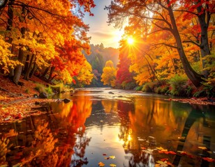 Stunning autumn landscape with vibrant red, orange, and yellow trees reflected in a calm river at sunset, showcasing the beauty of fall.