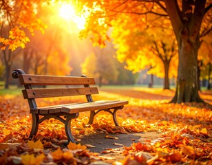 Wooden park bench surrounded by golden autumn leaves under glowing sunlight, capturing the peaceful beauty of fall season in nature.