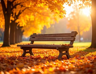 Wooden park bench surrounded by golden autumn leaves under glowing sunlight, capturing the peaceful beauty of fall season in nature.