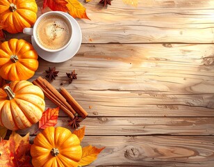 Autumn flat lay with a cup of latte art, pumpkins, cinnamon sticks, and colorful fall leaves on rustic wooden table. Cozy seasonal composition for autumn, coffee, and holiday themes.