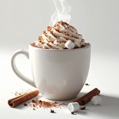 Steaming hot chocolate in a white mug, topped with whipped cream and cocoa powder, with chocolate drips on the cup. Cozy winter drink with cinnamon sticks on the side.