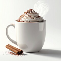 Steaming hot chocolate in a white mug, topped with whipped cream and cocoa powder, with chocolate drips on the cup. Cozy winter drink with cinnamon sticks on the side.