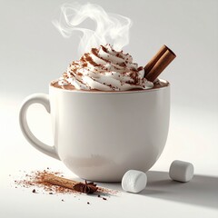 Steaming hot chocolate in a white mug, topped with whipped cream and cocoa powder, with chocolate drips on the cup. Cozy winter drink with cinnamon sticks on the side.