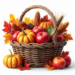 Autumn basket filled with pumpkins, apples, corn, and colorful leaves, symbolizing harvest, thanksgiving, and the cozy beauty of the fall season.