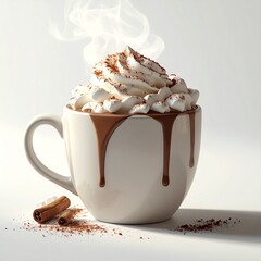 Steaming hot chocolate in a white mug, topped with whipped cream and cocoa powder, with chocolate drips on the cup. Cozy winter drink with cinnamon sticks on the side.