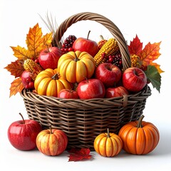 Autumn basket filled with pumpkins, apples, corn, and colorful leaves, symbolizing harvest, thanksgiving, and the cozy beauty of the fall season.