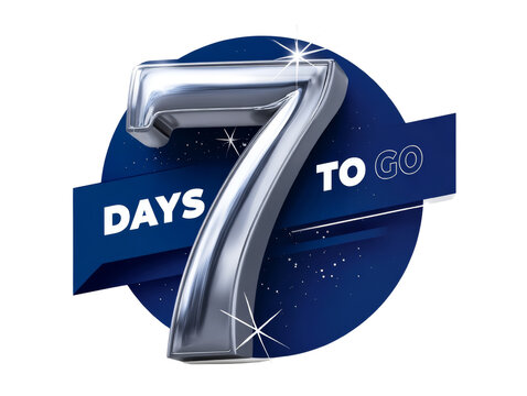 Countdown graphic with metallic number seven and 'days to go' text, on isolated transparent element