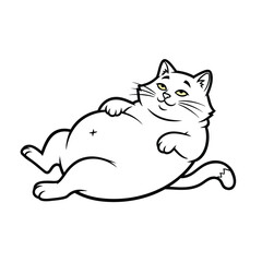 A funny fat cartoon cat with a big belly lying on its back in a relaxed lazy pose.