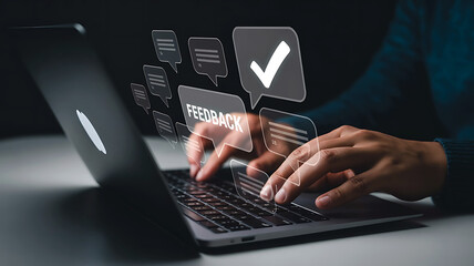 Close up of hands typing on a laptop with digital checkmarks and data visualizations appearing above the keyboard