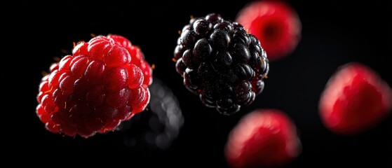 Close-up of fresh ripe blackberries and raspberries falling in mid-air against black background with dynamic motion and vivid colors
