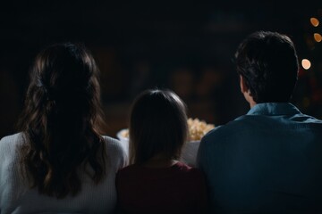 Family movie night envelops a cozy trio, mystery popcorn mountains, celebrating Dia de la Familia under twinkling home stars