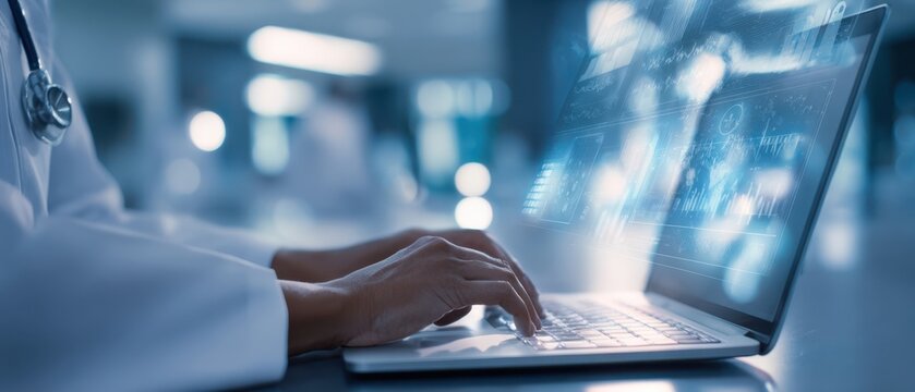 The Doctor's Hands on Laptop Displaying Futuristic Medical Data and Analytics