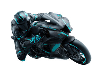 Futuristic racer astride sleek machine, embodying speed, precision and technological prowess on