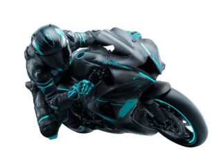 Futuristic racer astride sleek machine, embodying speed, precision and technological prowess on