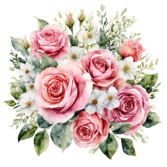 Fototapeta premium a delicate watercolor bouquet of pink and peach roses with white wildflowers and lush green foliage.