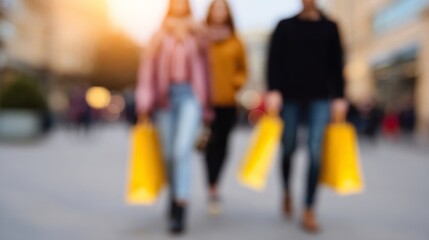 Blurred silhouettes of diverse shoppers, vibrant yellow bags sway under sunset glow, embodying retail therapy and Singles' Day indulgence