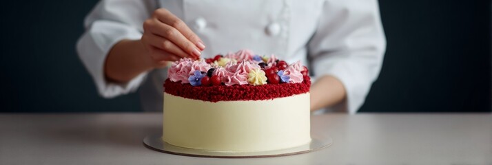 A meticulous pastry chef, possibly Asian female, artfully places edible florals atop a cake, evoking Sakura Matsuri and Platonic gastronomy