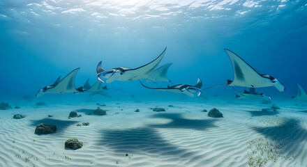 Panoramic underwater scene of manta rays gliding above sandy seabed